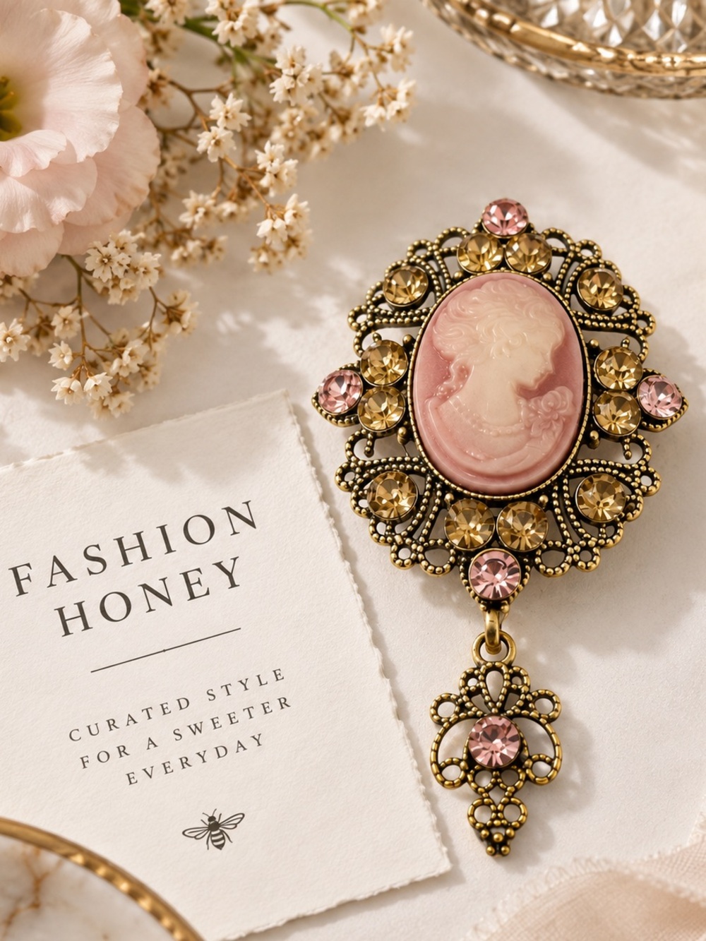 Vintage-Inspired Pink Cameo Brooch with Gold-Tone Filigree and Pink Crystals